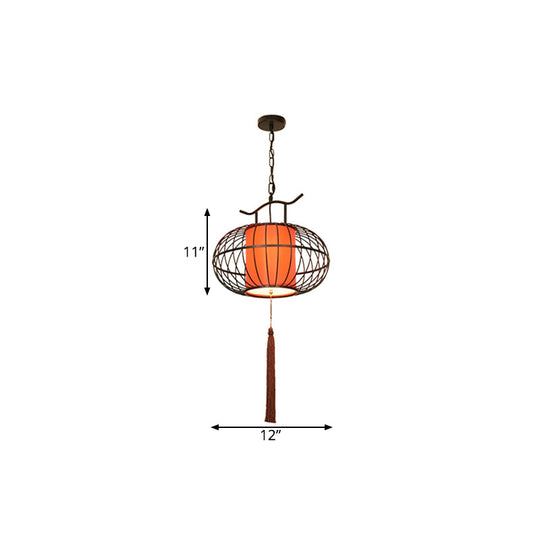 Traditional White/Red Lantern Drop Pendant Ceiling Light For Tea Room - 1 Fabric 16/19.5/23.5 Wide