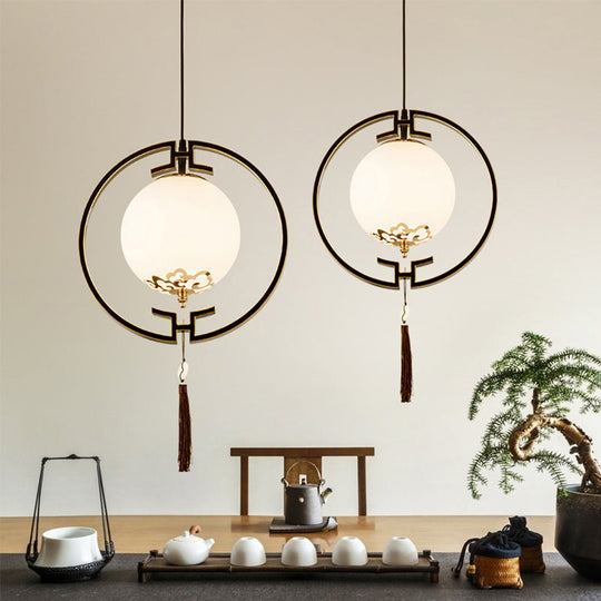 Pendulum Light Classic Globe Cream Glass Suspension Lamp With Black Metal Ring - 1