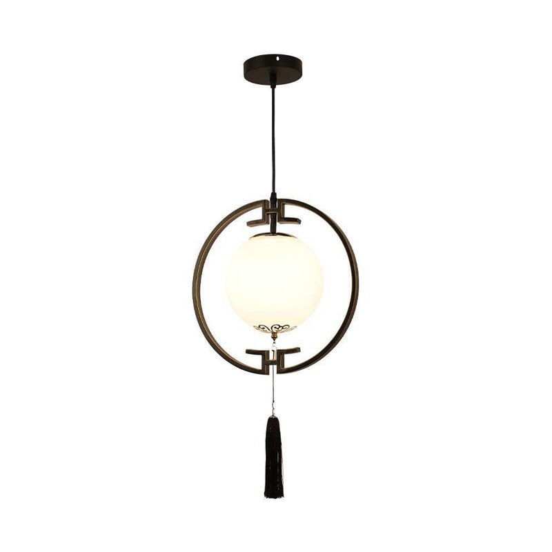 Pendulum Light Classic Globe Cream Glass Suspension Lamp With Black Metal Ring - 1