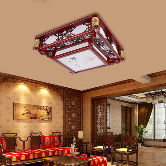 21.5"/39" LED Rectangle Flush Mount Traditional Dark Red Wood Light Fixture for Living Room