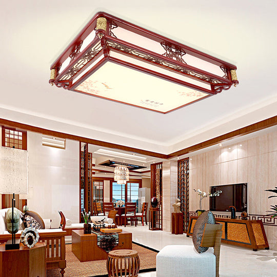 21.5"/39" LED Rectangle Flush Mount Traditional Dark Red Wood Light Fixture for Living Room