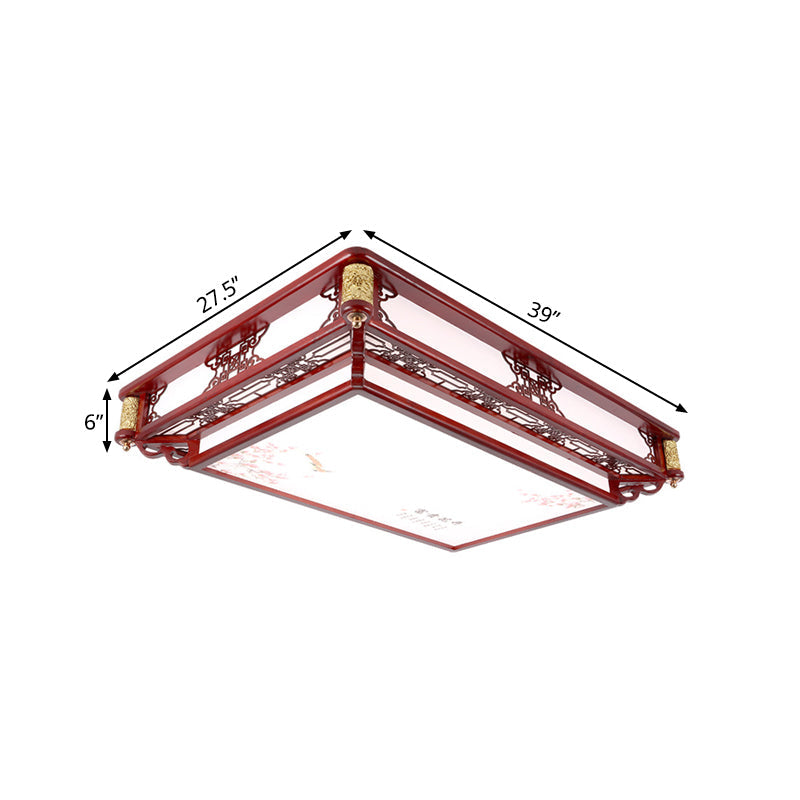 21.5"/39" LED Rectangle Flush Mount Traditional Dark Red Wood Light Fixture for Living Room