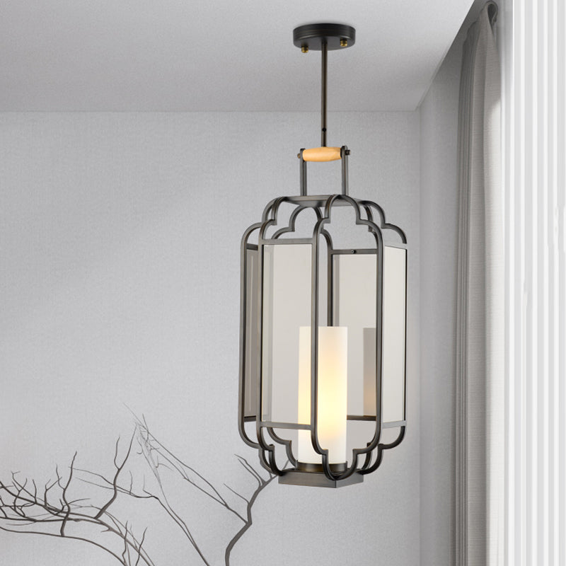 Light Tan Glass Hanging Pendant - Traditional Black Cylinder Pendulum For Living Room 8/10/12 Wide