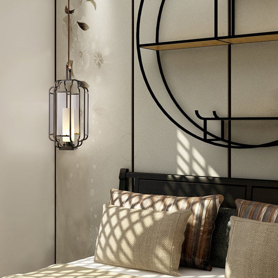 Light Tan Glass Hanging Pendant - Traditional Black Cylinder Pendulum For Living Room 8/10/12 Wide