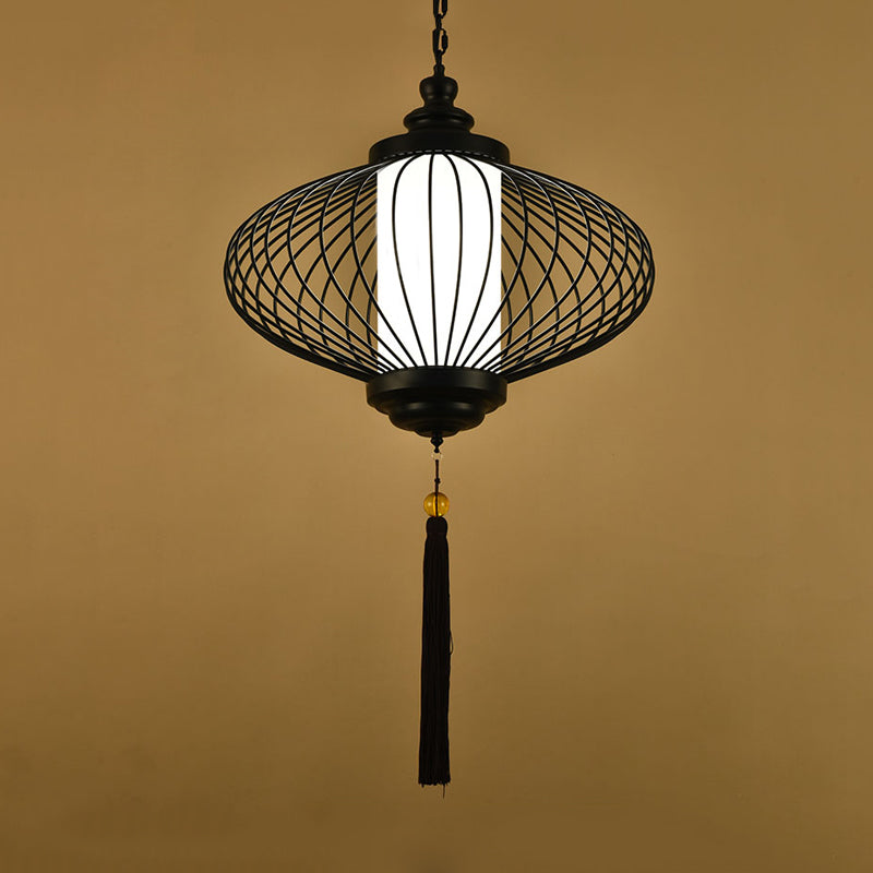 Traditional Black Fabric Lantern Pendulum Ceiling Lamp 12/14/16 Wide