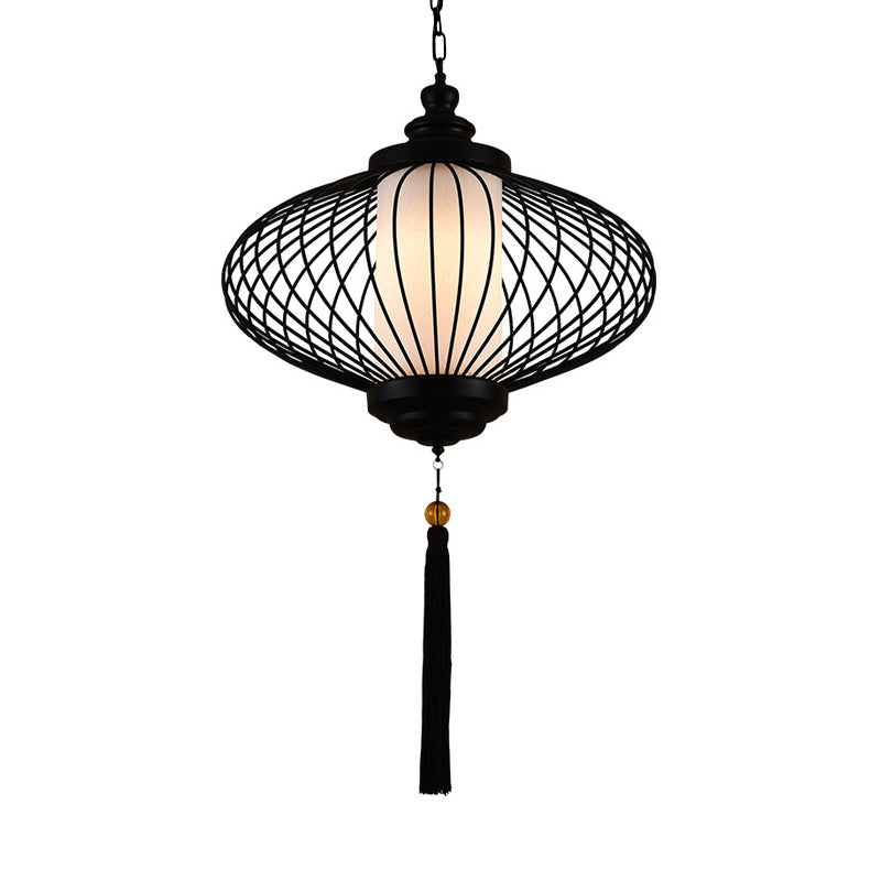 Traditional Black Fabric Lantern Pendulum Ceiling Lamp 12/14/16 Wide