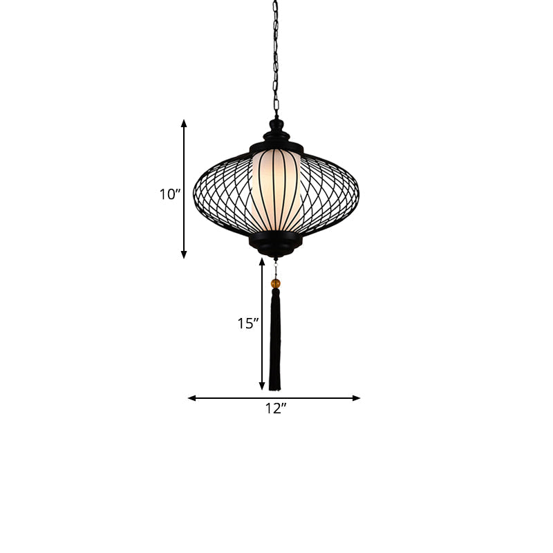 Traditional Black Fabric Lantern Pendulum Ceiling Lamp 12/14/16 Wide