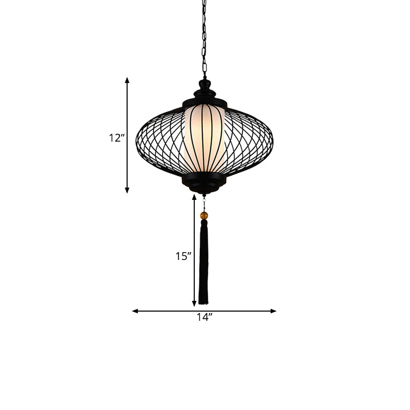 Traditional Black Fabric Lantern Pendulum Ceiling Lamp 12/14/16 Wide