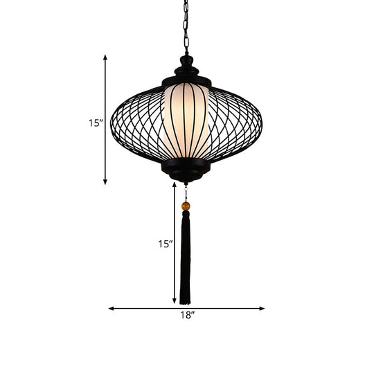 Traditional Black Fabric Lantern Pendulum Ceiling Lamp 12/14/16 Wide