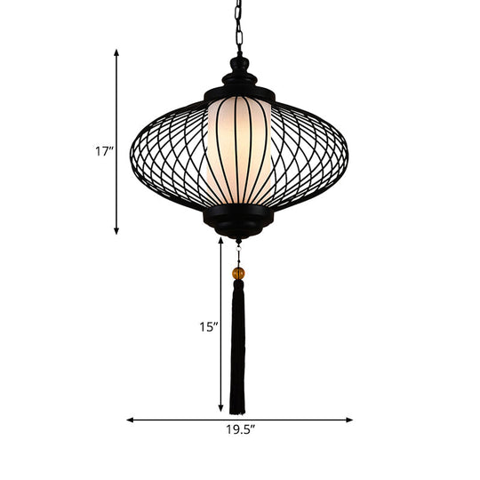 Traditional Black Fabric Lantern Pendulum Ceiling Lamp 12/14/16 Wide