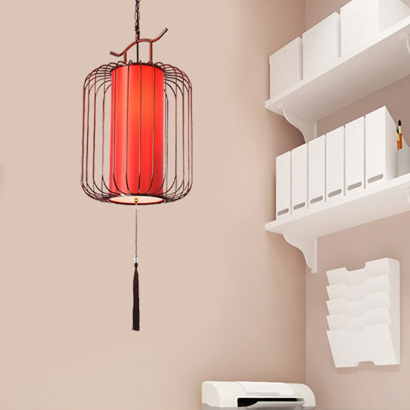 White/Red Lantern Pendant Light Classic Fabric Various Sizes 1-Light Tea Room Suspension Lamp