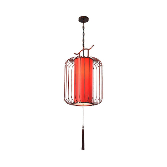 White/Red Lantern Pendant Light Classic Fabric Various Sizes 1-Light Tea Room Suspension Lamp