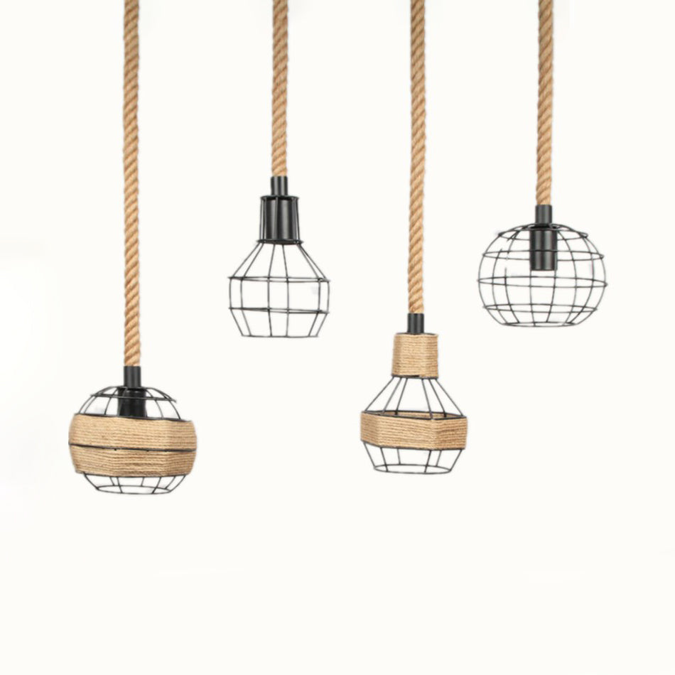 Vintage Beige Pendant Light with Wire Cage Shade – Rustic Metal and Rope Design – Ideal for Indoor Suspended Lighting