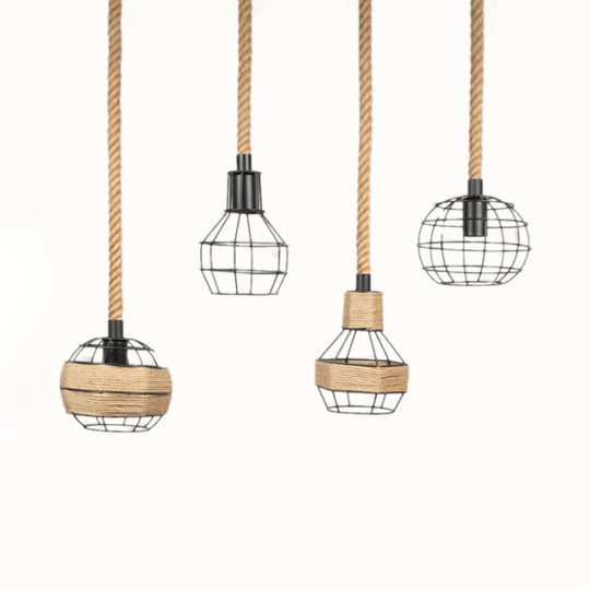 Beige Global/Bottle Pendant Light With Wire Cage Shade - Country Metal And Rope 1-Light Indoor