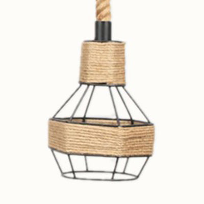 Vintage Beige Pendant Light with Wire Cage Shade – Rustic Metal and Rope Design – Ideal for Indoor Suspended Lighting