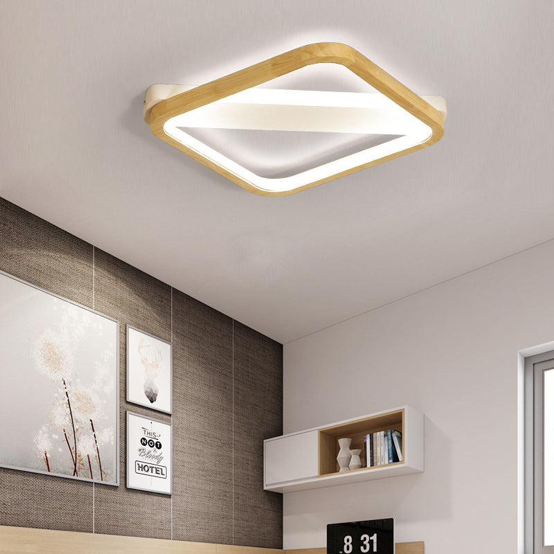 Simple Style Beige Led Ceiling Lamp For Bedroom - Wood Square Flush Light Fixture 13/17/21 Wide