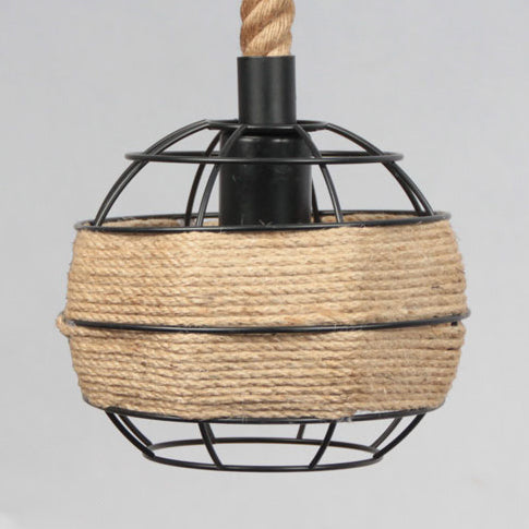 Beige Global/Bottle Pendant Light With Wire Cage Shade - Country Metal And Rope 1-Light Indoor