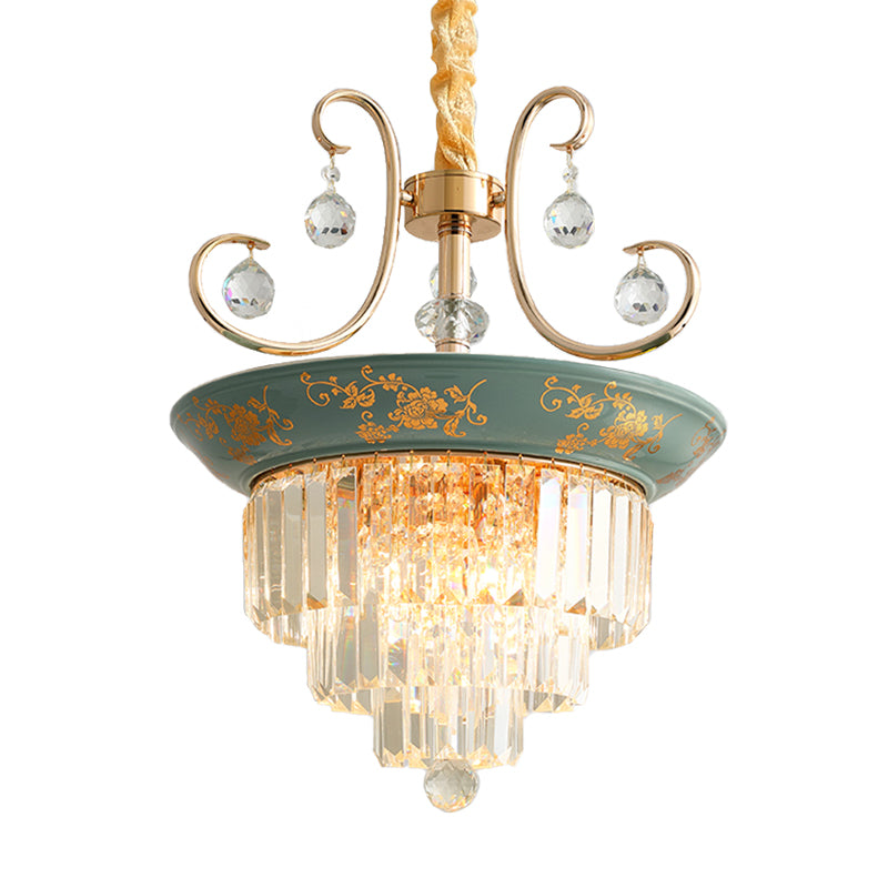 Contemporary Cone Crystal Rod Ceiling Light 3/5 Heads With Green/Dark Green Chandelier Illumination