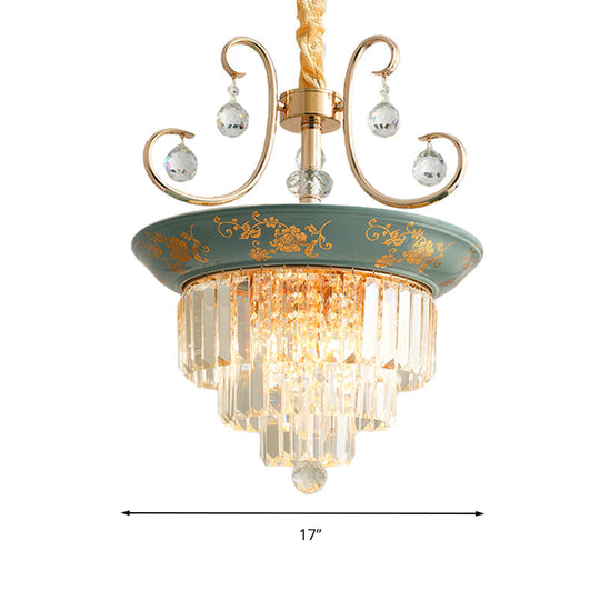 Contemporary Cone Crystal Rod Ceiling Light 3/5 Heads With Green/Dark Green Chandelier Illumination