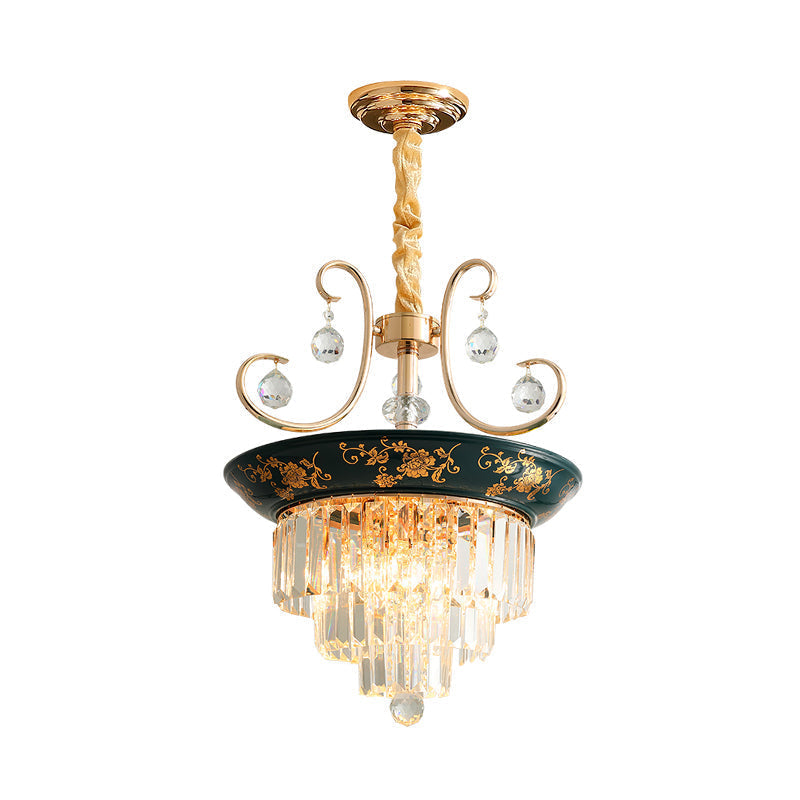 Contemporary Cone Crystal Rod Ceiling Light 3/5 Heads With Green/Dark Green Chandelier Illumination