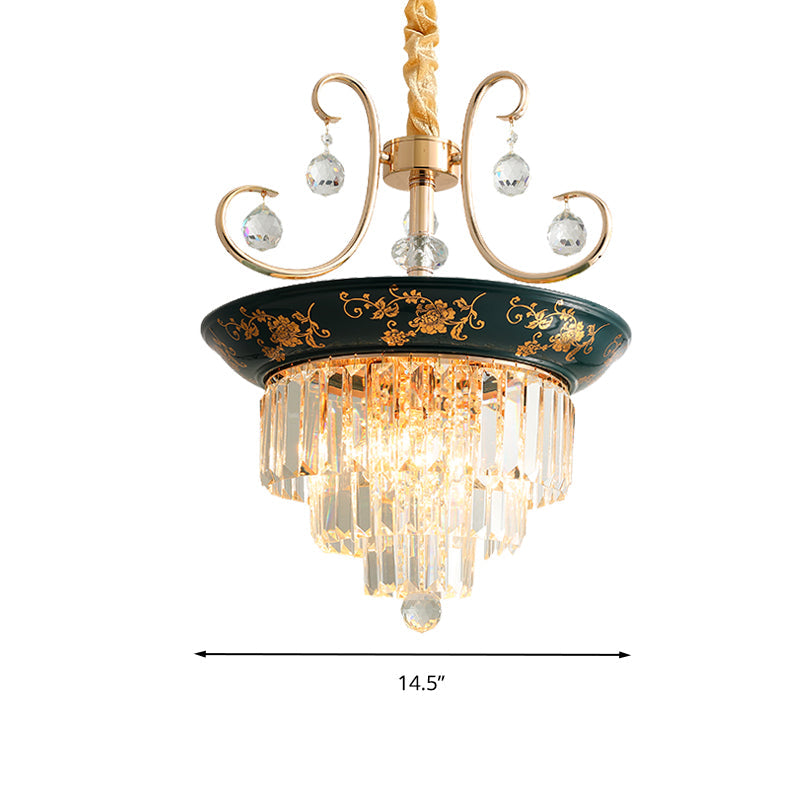 Contemporary Cone Crystal Rod Ceiling Light 3/5 Heads With Green/Dark Green Chandelier Illumination