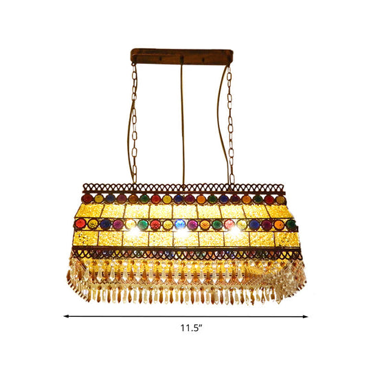 Southeast Asian Crystal Drop Rectangle Living Room Pendant Light With 3 Yellow Island Heads