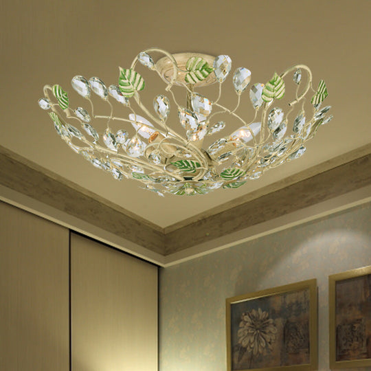 Gold Crystal Dome Leaf Ceiling Lamp - Semi Flush Mount with 6 Lights for Living Room