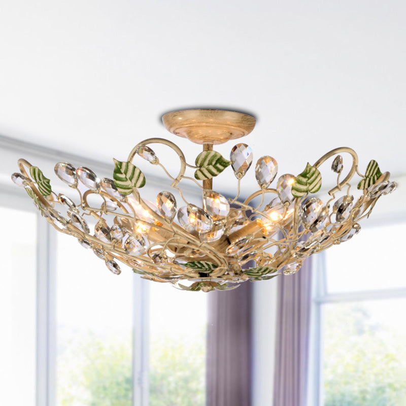 Gold Crystal Dome Leaf Ceiling Lamp - Semi Flush Mount with 6 Lights for Living Room