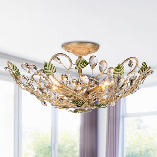 Gold Crystal Dome Leaf Ceiling Lamp - Semi Flush Mount with 6 Lights for Living Room