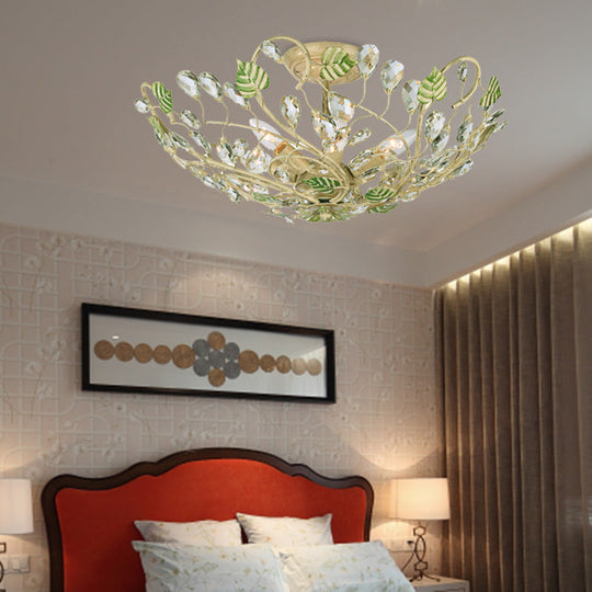 Gold Crystal Dome Leaf Ceiling Lamp - Semi Flush Mount with 6 Lights for Living Room