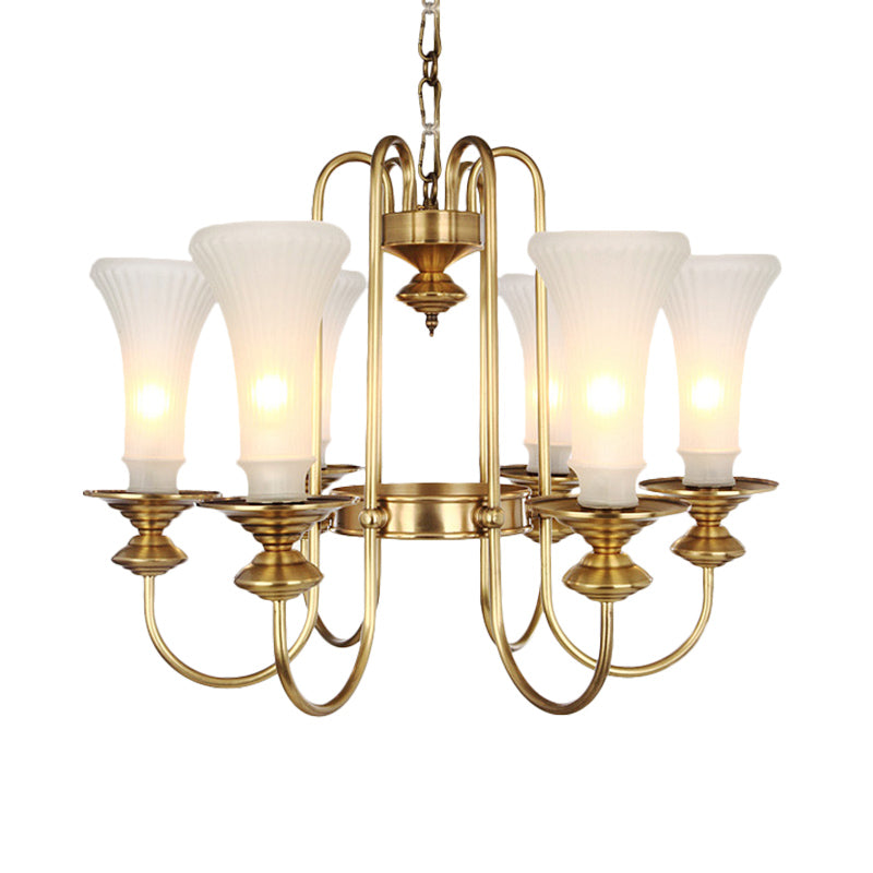 Colonial White Glass Floral Chandelier Light With Gold Accent - 3/6/8 Head Living Room Hanging Lamp