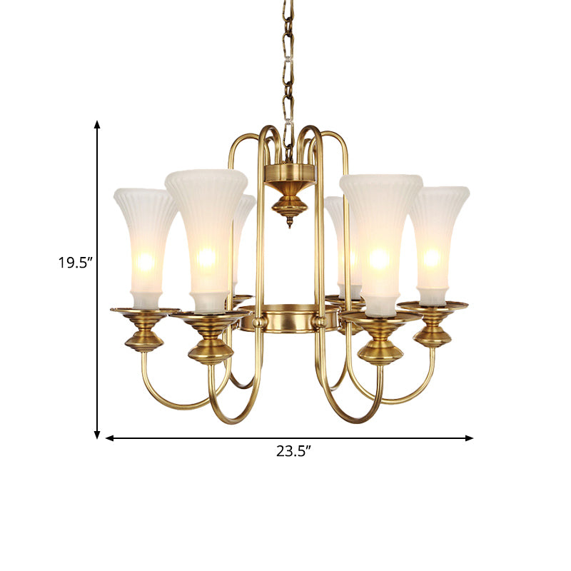 Colonial White Glass Floral Chandelier Light With Gold Accent - 3/6/8 Head Living Room Hanging Lamp