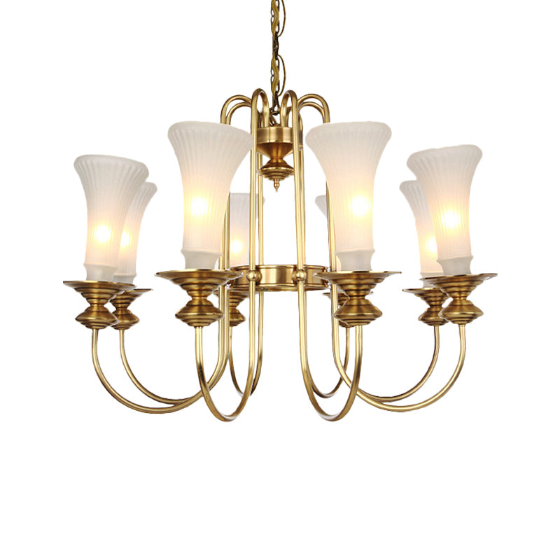 Colonial White Glass Floral Chandelier Light With Gold Accent - 3/6/8 Head Living Room Hanging Lamp