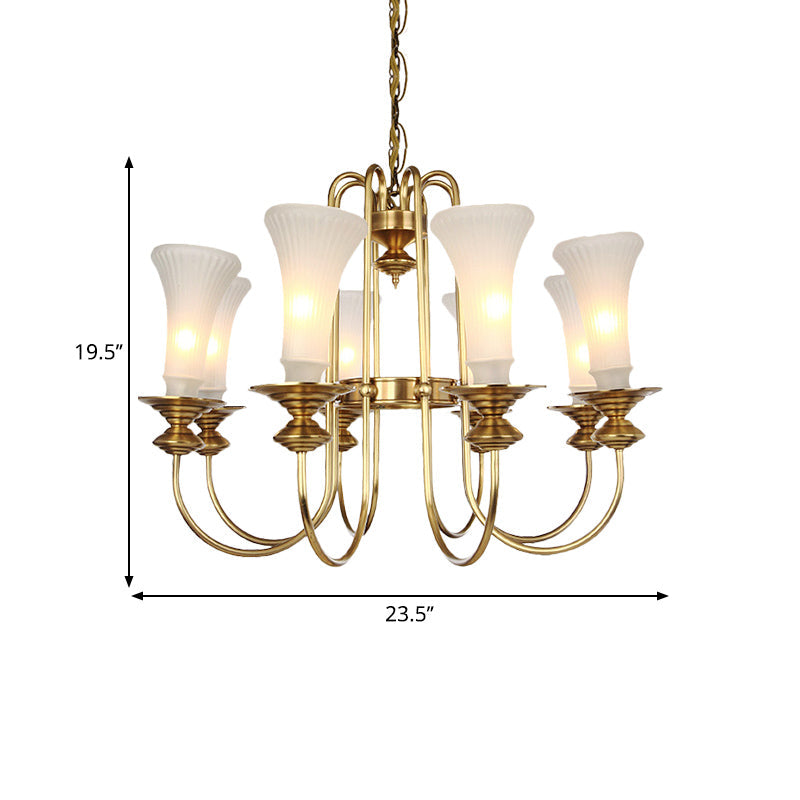 Colonial White Glass Floral Chandelier Light With Gold Accent - 3/6/8 Head Living Room Hanging Lamp