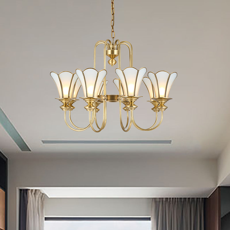 Colonial Flower White Chandelier With Gold Accents & Frosted Glass Pendants - 8-Light Ceiling