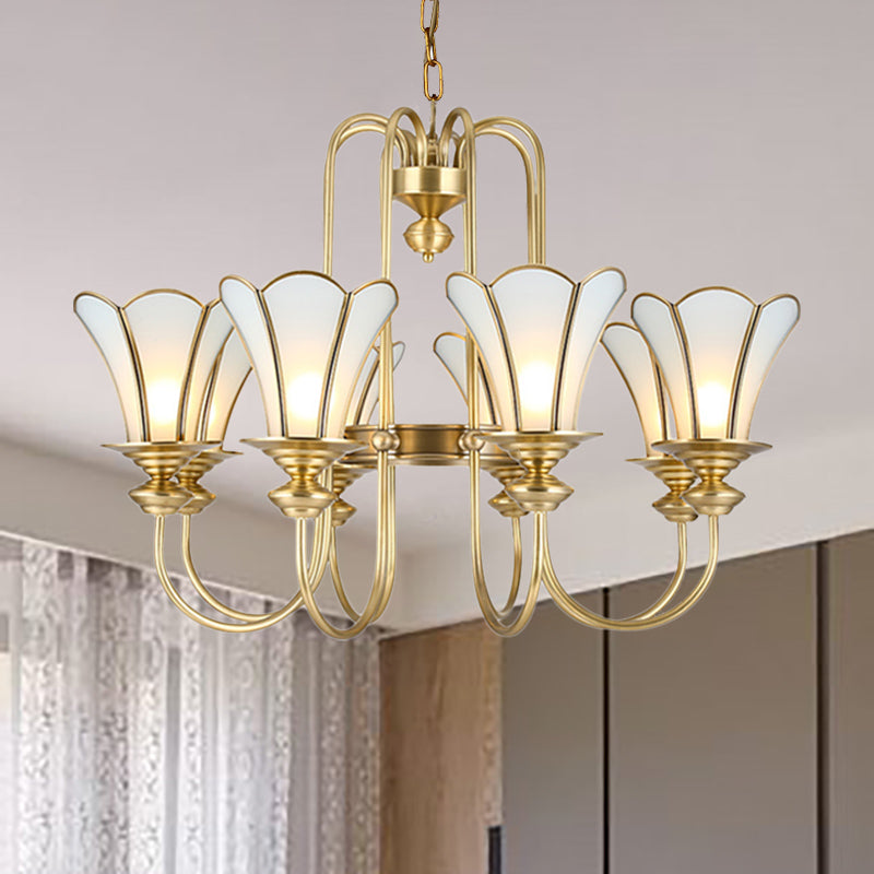 Colonial Flower White Chandelier With Gold Accents & Frosted Glass Pendants - 8-Light Ceiling