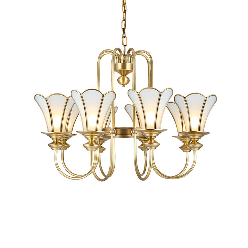 Colonial Flower White Chandelier With Gold Accents & Frosted Glass Pendants - 8-Light Ceiling