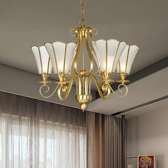 Frosted Glass Floral Pendant Chandelier - White Colonialist Design Brass Finish 6 Lights Ideal For