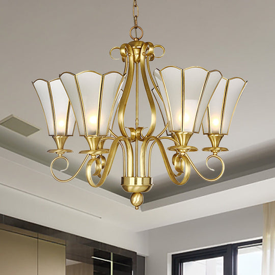 Frosted Glass Floral Pendant Chandelier - White Colonialist Design Brass Finish 6 Lights Ideal For