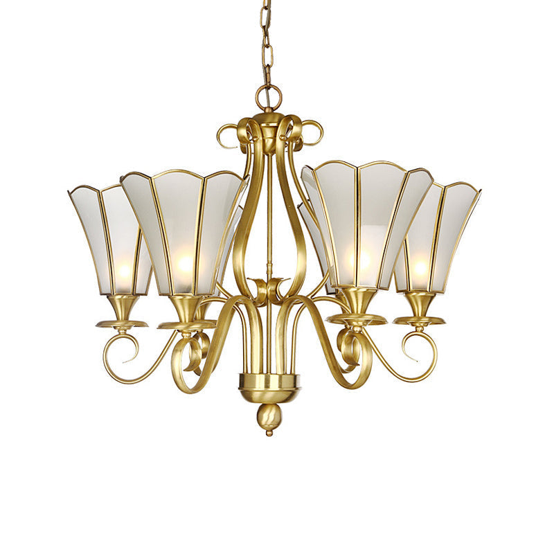 Frosted Glass Floral Pendant Chandelier - White Colonialist Design Brass Finish 6 Lights Ideal For