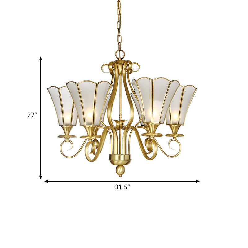 Frosted Glass Floral Pendant Chandelier - White Colonialist Design Brass Finish 6 Lights Ideal For