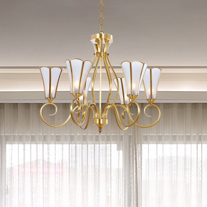 Gold Finish 6-Light Colonial Chandelier With Frosted Glass Flower Shades