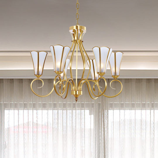 Gold Finish 6-Light Colonial Chandelier With Frosted Glass Flower Shades