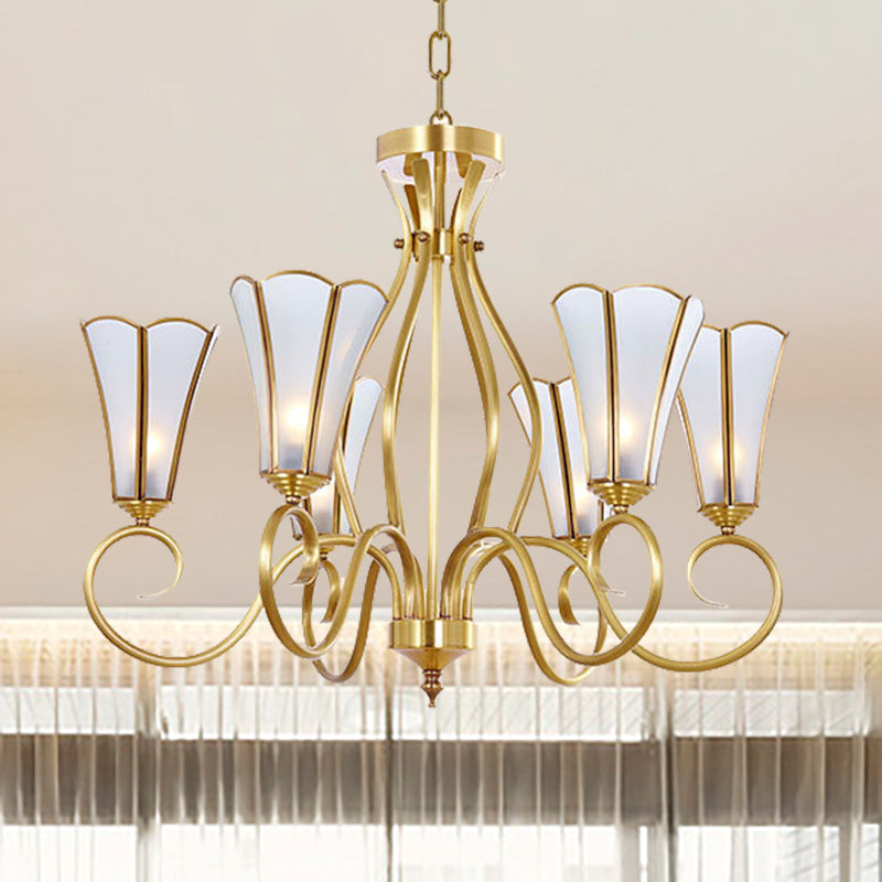 Gold Finish 6-Light Colonial Chandelier With Frosted Glass Flower Shades