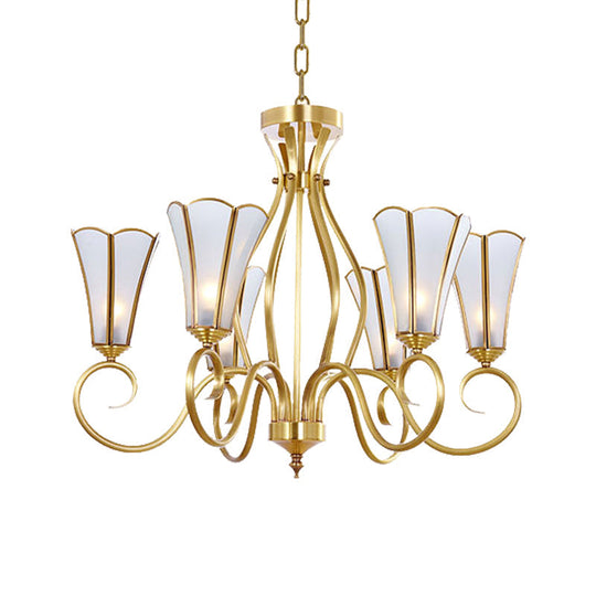 Gold Finish 6-Light Colonial Chandelier With Frosted Glass Flower Shades