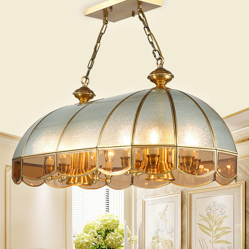 Gold Dome Island Chandelier With Frosted Glass - 14 Lights Ceiling Pendant For Colonial Dining Room