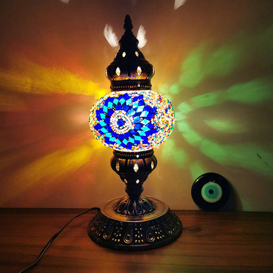 Moroccan-Style Stained Glass Night Light Sphere Table Lamp With Metal Base