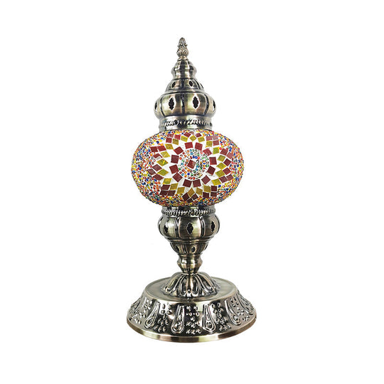 Moroccan-Style Stained Glass Night Light Sphere Table Lamp With Metal Base