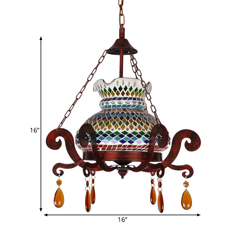 Moroccan Style Weathered Copper Pendant Vase: Stained Glass Hanging Light Kit