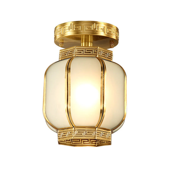 Traditional Brass Metal Semi Flush Lantern Ceiling Light with Opal Glass Shade